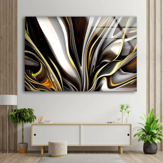 Abstract luxury golden splash glass wall art decor captures dramatic interplay of light and shadow across its fluid forms.