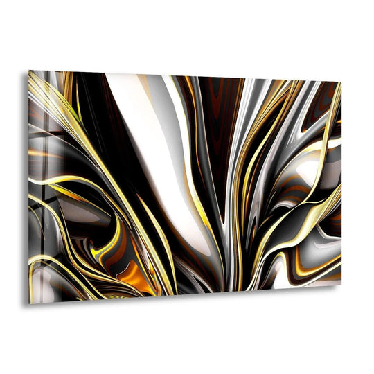 A bright, golden swirl splashes across this abstract glass print wall art, creating a luxurious and dynamic visual.