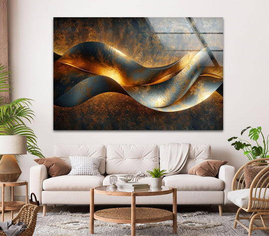 Abstract luxury swirling art from glass with a textured metallic gold and dark blue background creates a luxurious focal point.