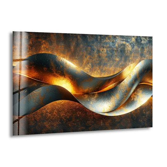 This abstract glass printing showcases a warm color temperature with glowing golden and dark bronze hues creating a mesmerizing wave effect.
