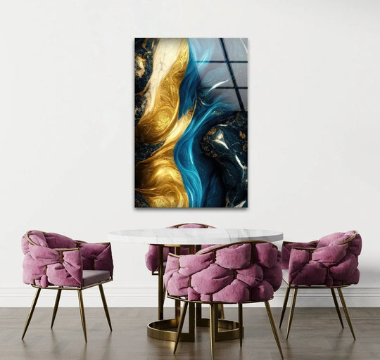 Abstract marble blue and gold glass wall art decor showcasing a striking transition from rich gold to deep sapphire hues.