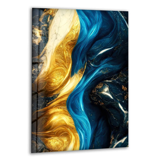 Abstract marble blue and gold glass art painting showcases a sleek, polished edge with a vertical design.