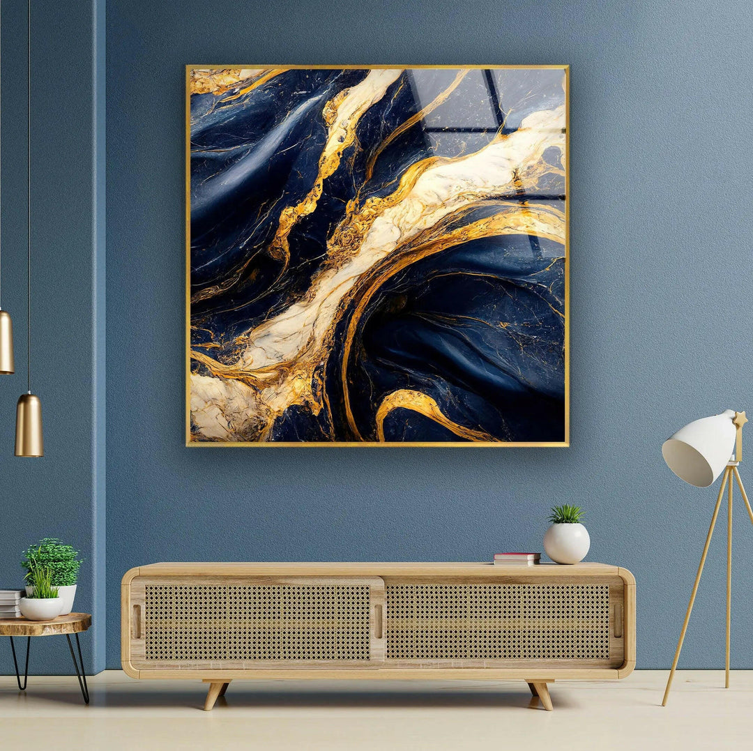 Abstrakte Wanddekoration aus Glas in Dunkelblau und Gold
