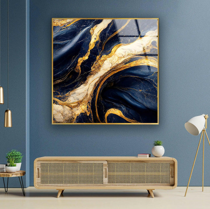 Abstrakte Wanddekoration aus Glas in Dunkelblau und Gold