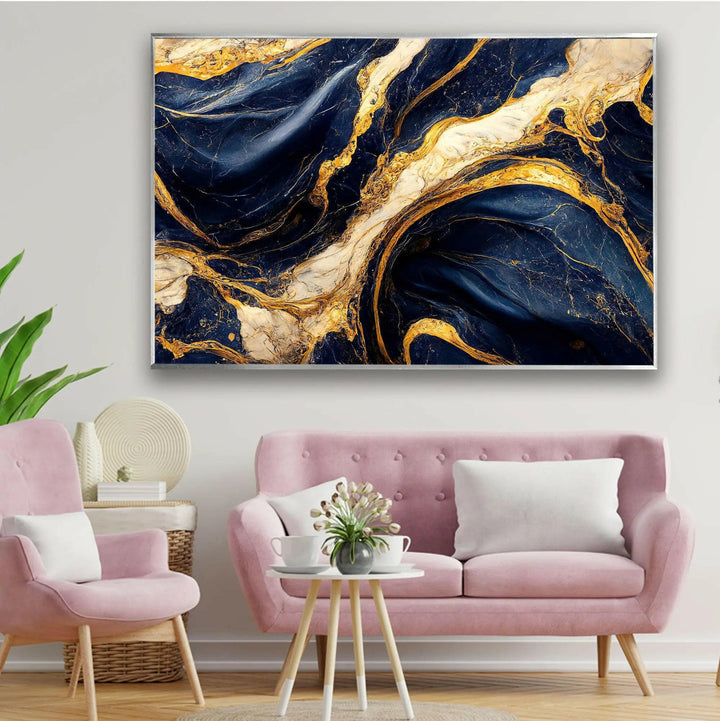 Abstrakte Wanddekoration aus Glas in Dunkelblau und Gold