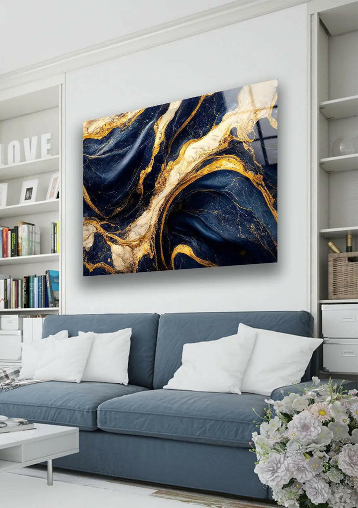 Abstrakte Wanddekoration aus Glas in Dunkelblau und Gold