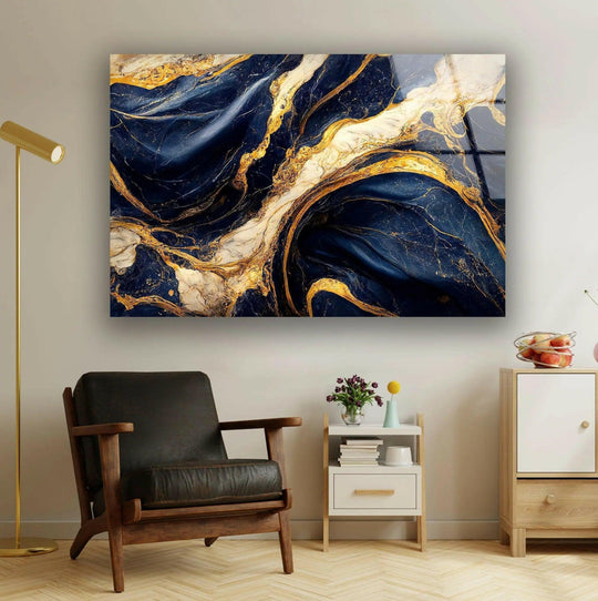 Textured dark blue and gold abstract glass art painting with fluid marble patterns.