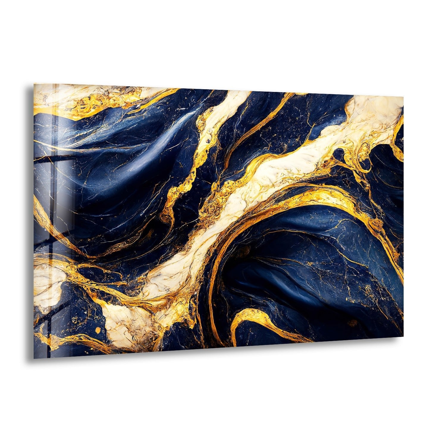 Abstrakte Wanddekoration aus Glas in Dunkelblau und Gold