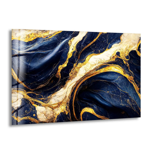 Still abstract dark blue and gold marble glass wall artwork captures flowing currents of opulent energy.