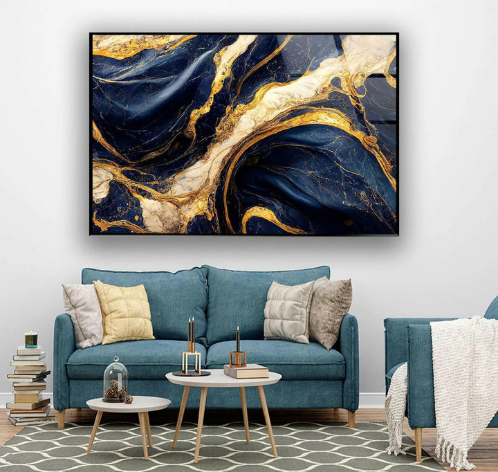 Abstrakte Wanddekoration aus Glas in Dunkelblau und Gold