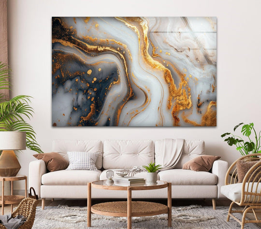 A luxurious abstract marbled surface glass art painting featuring intricate gold veins against a dark and white swirling texture.