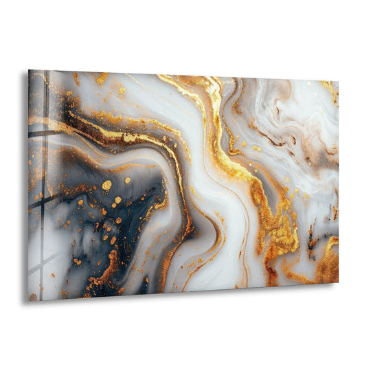 Abstract marbled surface gold veins glass art with flowing, layered depths.