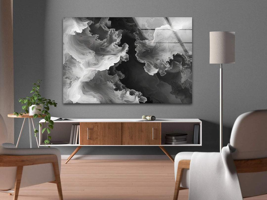 Abstract grayscale cloud movement printed on glass creating a sense of depth and soft motion.