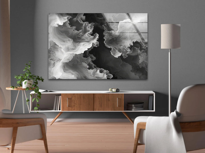 Abstract grayscale cloud movement printed on glass creating a sense of depth and soft motion.