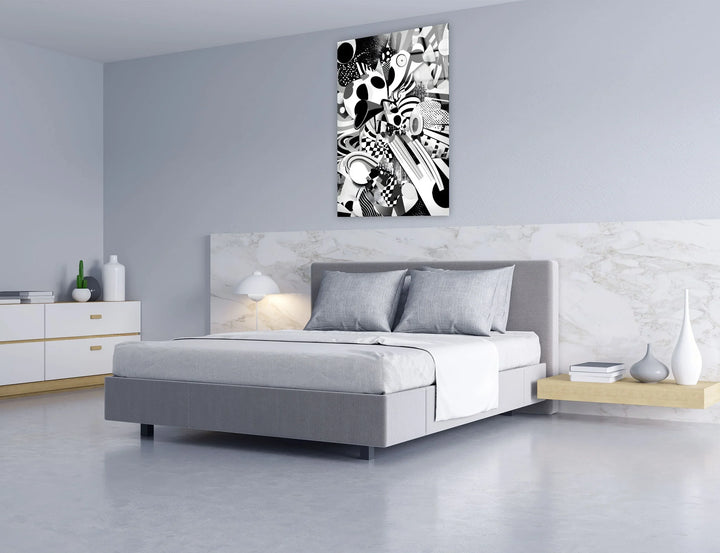 Artistic black and white abstract glass panel with chaotic geometric layering and vibrant visual movement.