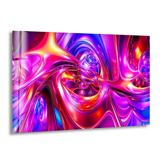 Dynamic fluid forms swirl and merge in this vibrant abstract glass wall art print.
