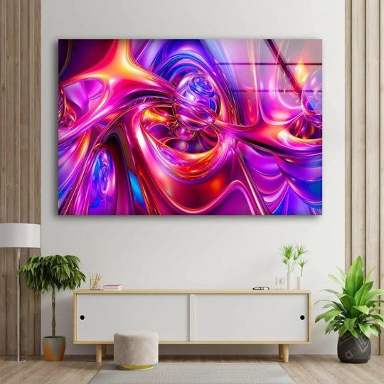 The focal point is an abstract modern wave liquid glass hanging wall art with vibrant purple and pink hues.