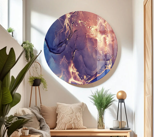 Swirling currents of navy and rose gold in this abstract multicolored marble glass wall art create a dynamic sense of movement, perfect for unique modern wall decor.