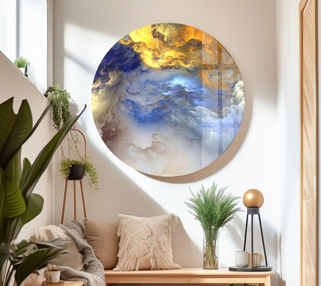 Abstrakte Glaswandkunst mit mehreren bunten Wolken