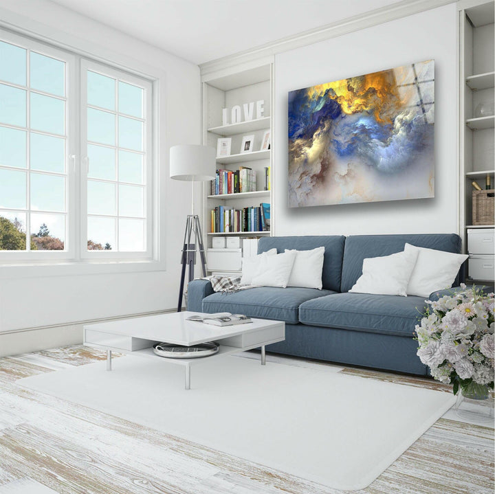 Abstrakte Glaswandkunst mit mehreren bunten Wolken
