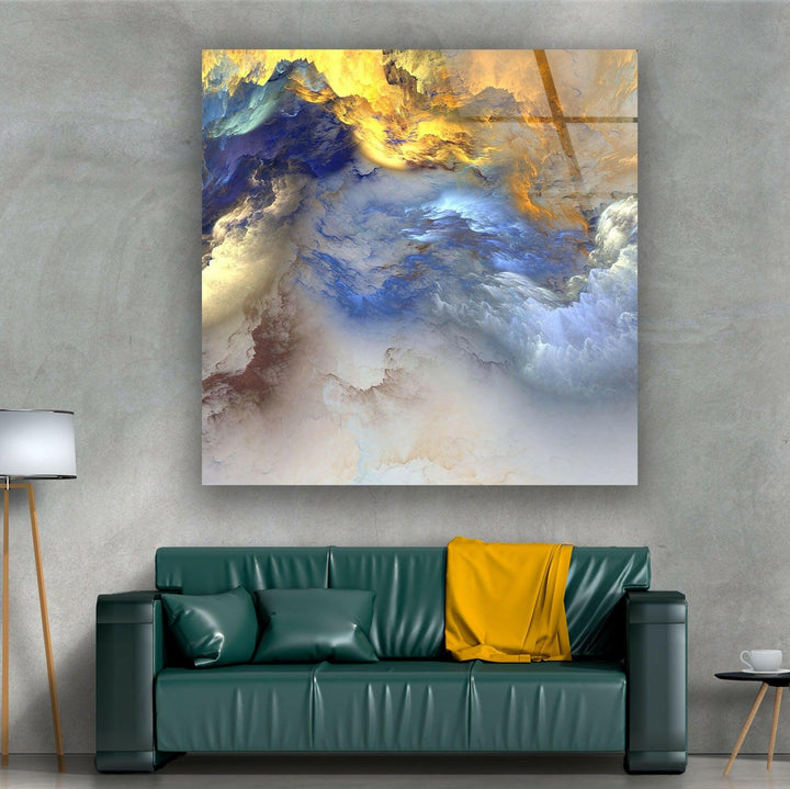 Abstrakte Glaswandkunst mit mehreren bunten Wolken