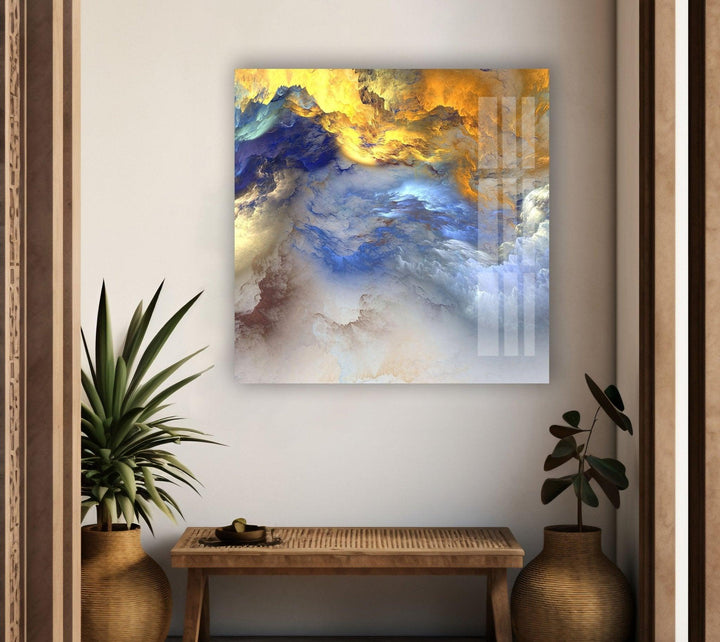 Abstrakte Glaswandkunst mit mehreren bunten Wolken