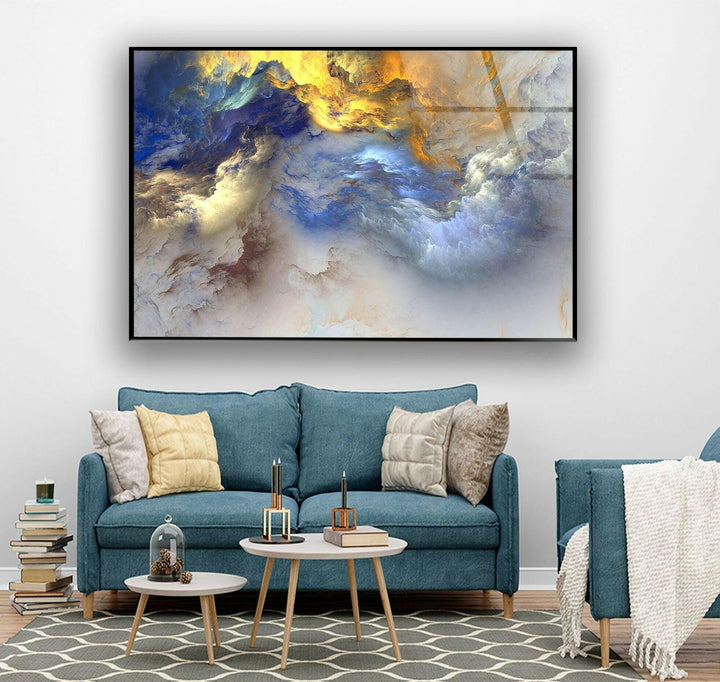 Abstrakte Glaswandkunst mit mehreren bunten Wolken