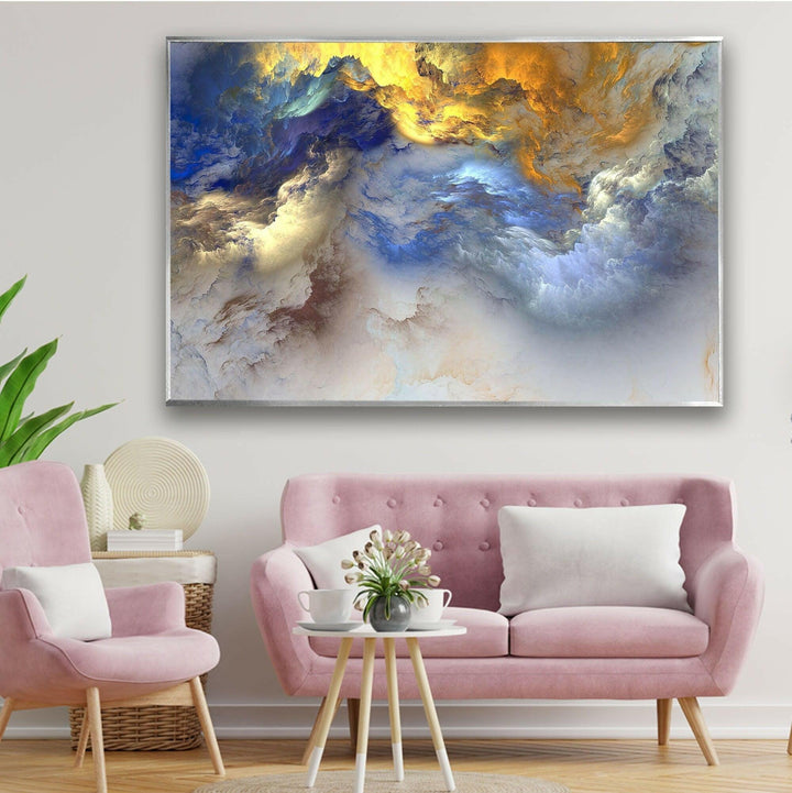 Abstrakte Glaswandkunst mit mehreren bunten Wolken