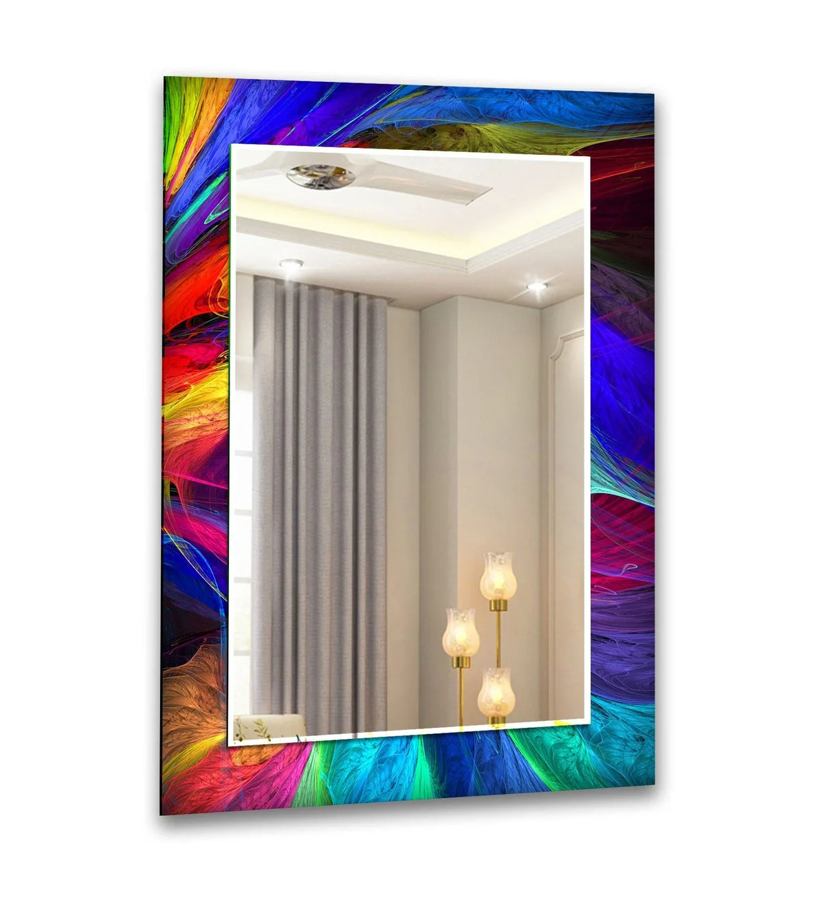 Layered depth is enhanced by the abstract neon design and reflection within the framed wall mirror, creating dimension and a vivid art piece.