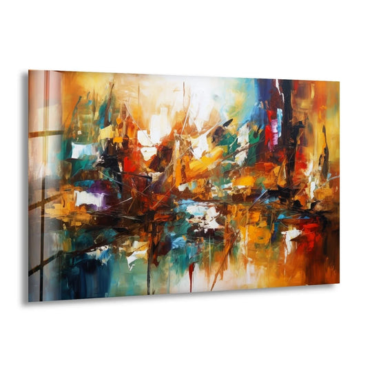 Abstract oil painting glass wall artwork features a vibrant, dynamic composition with expansive areas of light and shadow.