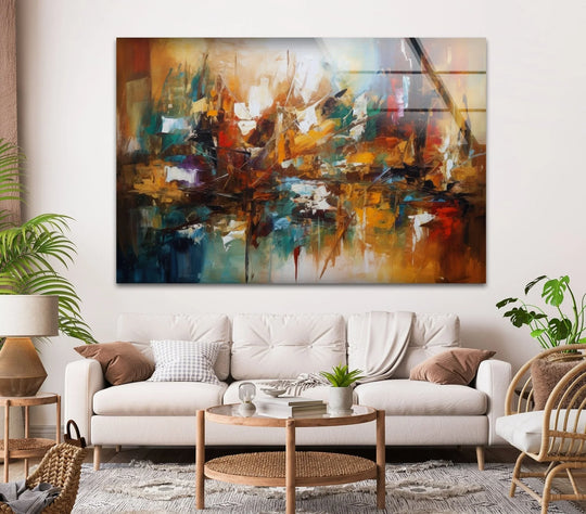 Vibrant abstract oil painting glass wall art decor explodes with bold, energetic strokes in fiery oranges, deep blues, and bright whites.