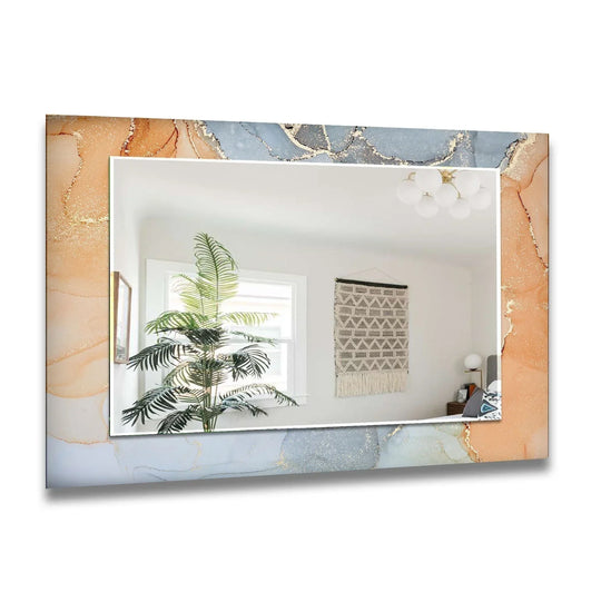 A horizontal wall mirror featuring abstract orange gray and gold swirling patterns a modern mirror and artistic wall décor