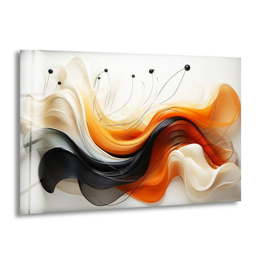 A bright, creamy white abstract glass wall art with flowing waves of orange and black, enhancing your home decor.