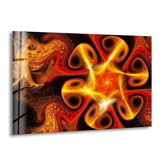 Abstract orange fractal glass print wall art with a dynamic sense of swirling fiery movement.