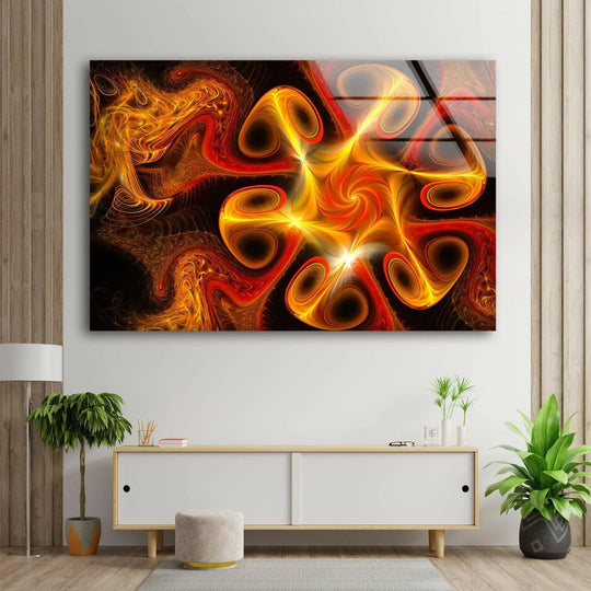Abstract orange fractal glass wall art decor featuring swirling geometric patterns and vibrant glowing spirals.