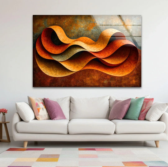 Textured abstract orange horizons glass wall art decor features subtle gritty and weathered surface textures.