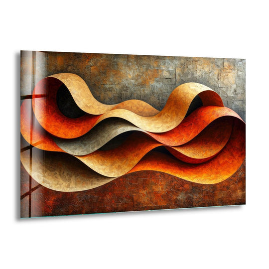 Organic forms of flowing orange and earth tones create a dynamic abstract glass wall art print.