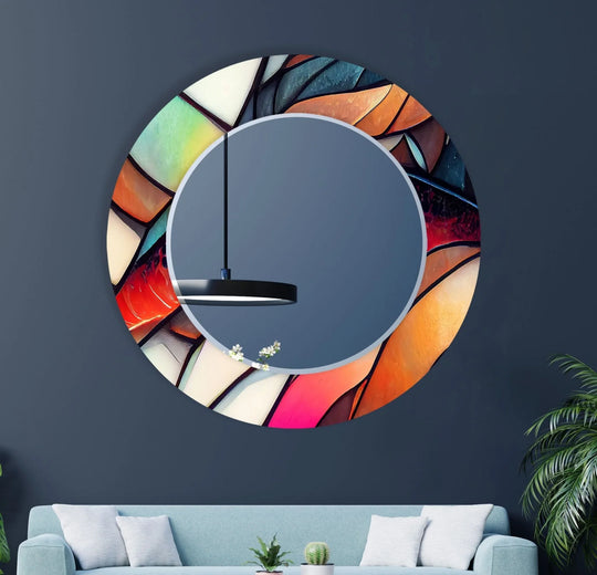 Round mirror has abstract orange and white design and is vibrant stained glass mirror wall art a stylish modern wall mirror for bedroom decor