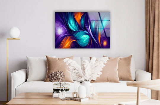 Abstract organic floral art from glass with dynamic interplay of light and shadow across vibrant purple and teal hues.