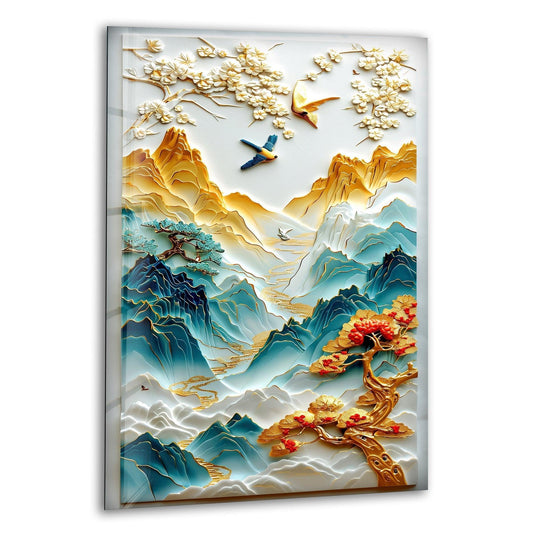 Foreground showcases the embossed tree with reddish flowers, a stunning detail of the abstract painting glass wall prints featuring an oriental landscape.