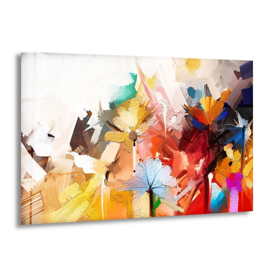 Abstract flower print wall art displays soft shadows highlighting textured brushstrokes in a vibrant, impressionistic garden scene.