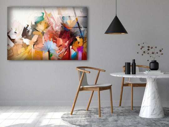 Abstract flowers burst with dynamic energy in this captivating home decoration glass wall art.