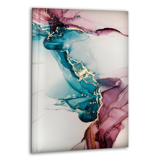 Shadows and light play across this unique modern wall decor, highlighting swirling teal and magenta pigments with delicate gold accents.