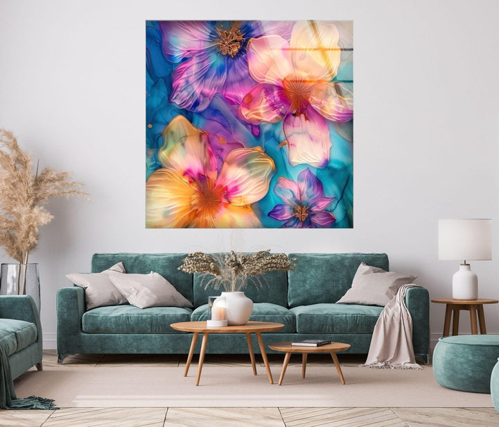 Abstract Pink and Blue Flower Glass Wall Art photo print on glass, prints on glass wall art

