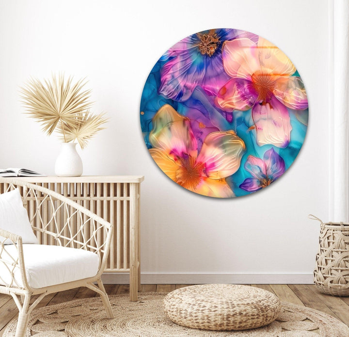 Abstract Pink and Blue Flower Glass Wall Art custom glass pictures, glass art prints
