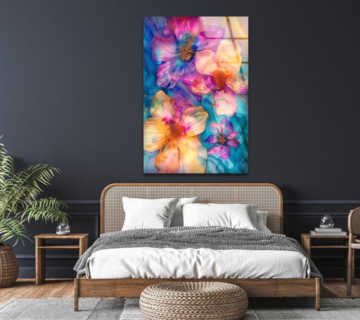 Abstract Pink and Blue Flower Glass Wall Art large glass photo prints, glass wall photos
