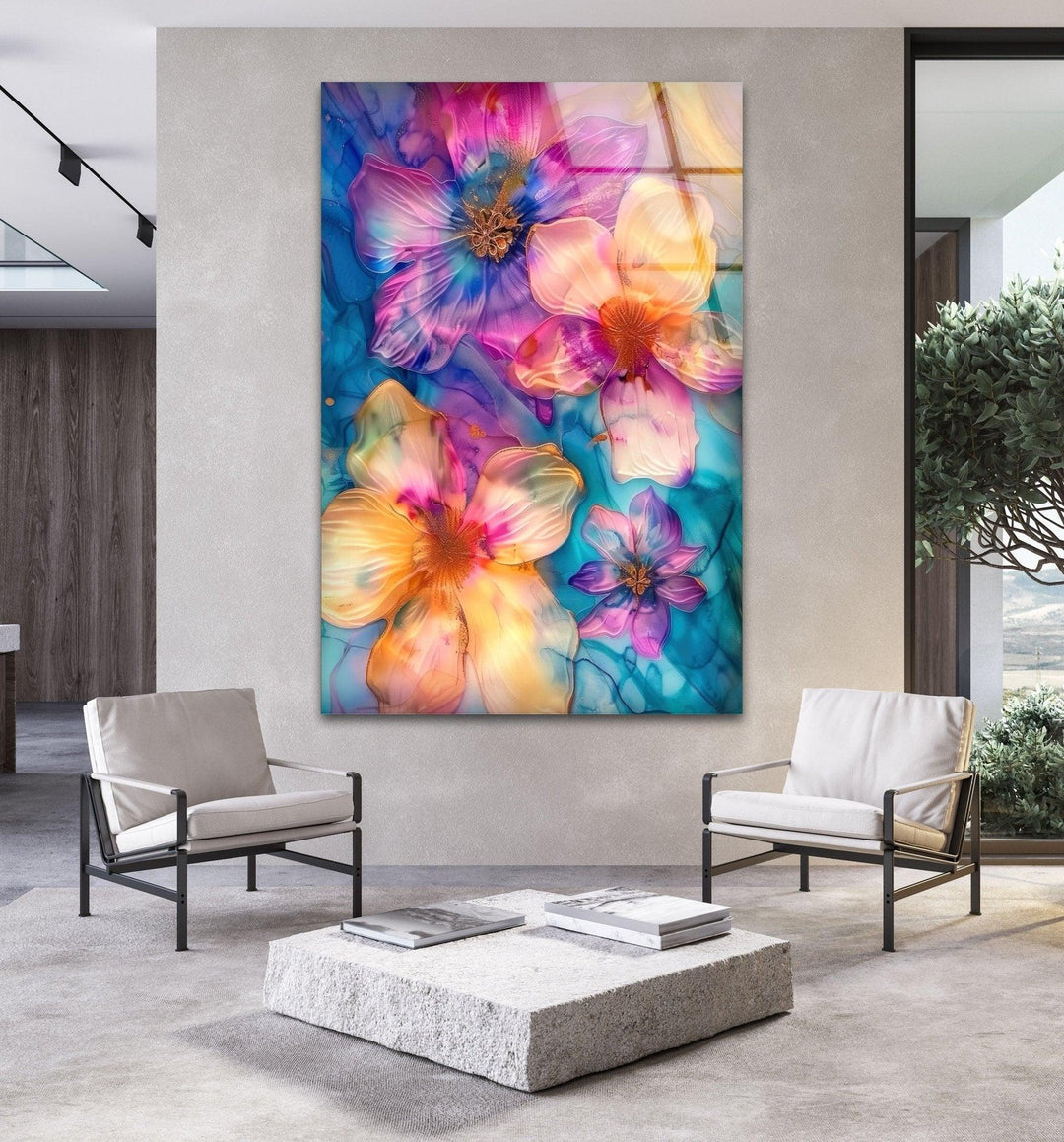 Abstract Pink and Blue Flower Glass Wall Art print on glass, glass printed photos
