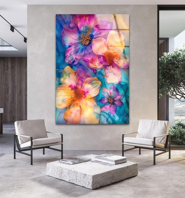 Abstract Pink and Blue Flower Glass Wall Art print on glass, glass printed photos
