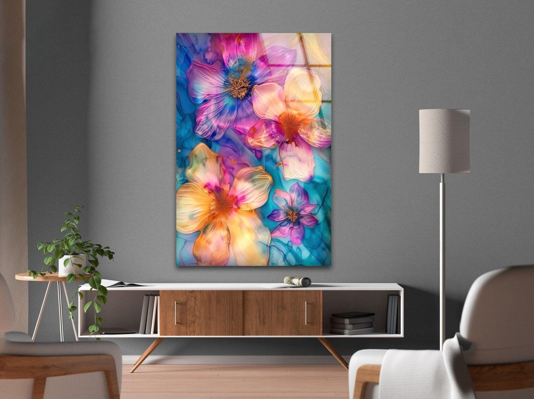 Abstract Pink and Blue Flower Glass Wall Art custom glass photo prints, large glass prints
