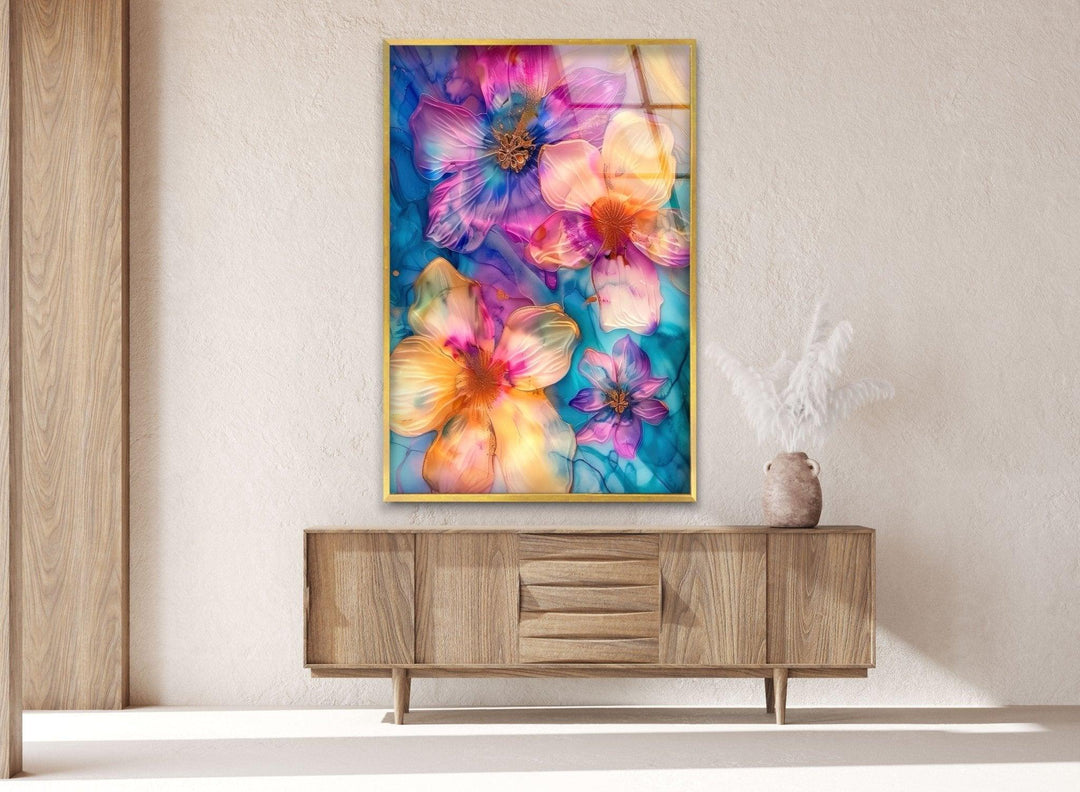Abstract Pink and Blue Flower Glass Wall Art glass pictures for Wall, glass prints wall art

